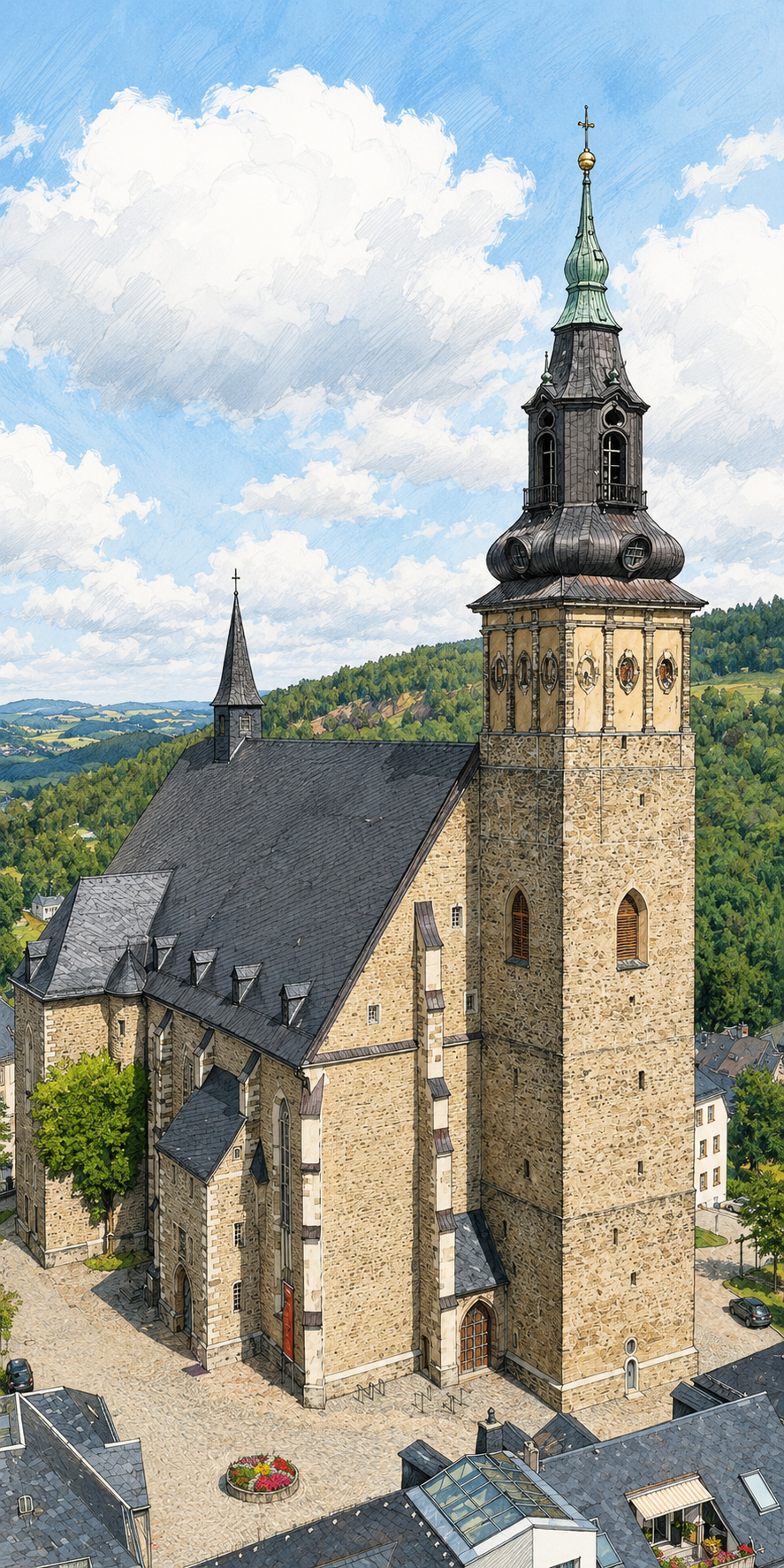 Illustration der St.-Wolfgang-Kirche in Schneeberg
